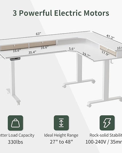 FEZIBO Triple Motor 63" L Shaped Standing Desk with 3 Drawers, Electric Standing Gaming Desk Adjustable Height, Corner Stand up Desk with Splice Board, White Frame/White Top - LeafyLoom