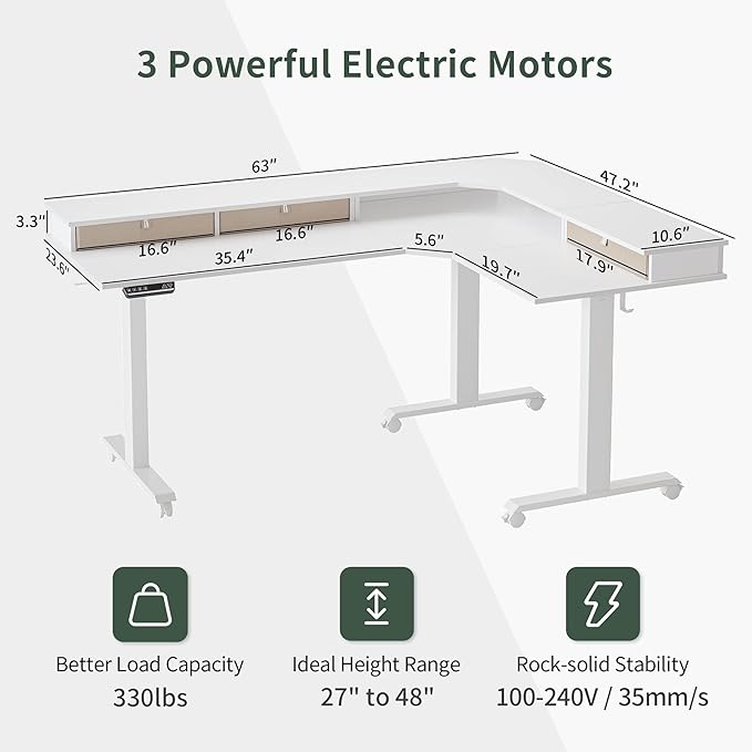 FEZIBO Triple Motor 63" L Shaped Standing Desk with 3 Drawers, Electric Standing Gaming Desk Adjustable Height, Corner Stand up Desk with Splice Board, White Frame/White Top - LeafyLoom