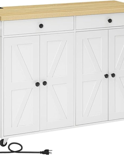 HOOBRO 43.3 Inch Kitchen Island with Charging Station, Rolling Kitchen Island with Storage, Kitchen Island Cart with Spice Rack and Hooks, for Kitchen, Living Room, White and Natural WN11UZD01 - LeafyLoom