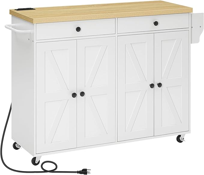 HOOBRO 43.3 Inch Kitchen Island with Charging Station, Rolling Kitchen Island with Storage, Kitchen Island Cart with Spice Rack and Hooks, for Kitchen, Living Room, White and Natural WN11UZD01 - LeafyLoom