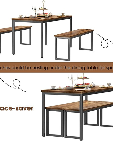 soges Kitchen Table Set with 2 Benches, Bench Dining Table Set for 4, 3 Piece Dining Room Table and Long Benches, Breakfast Table Coffee Table Set, Industrial Style Wooden Kitchen and Dining Room Set - LeafyLoom