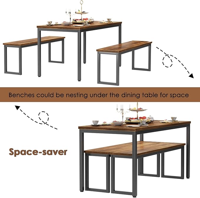 soges Kitchen Table Set with 2 Benches, Bench Dining Table Set for 4, 3 Piece Dining Room Table and Long Benches, Breakfast Table Coffee Table Set, Industrial Style Wooden Kitchen and Dining Room Set - LeafyLoom