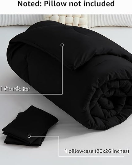 CozyLux Black Comforter Set Twin/Twin XL Size, 2 Pieces Twin Extra Long Boho Solid Breathable Quilted Style Bedding Sets, Luxury Fluffy Soft Microfiber Comforter All Season(1 Comforter & 1 Pillowcase) - LeafyLoom