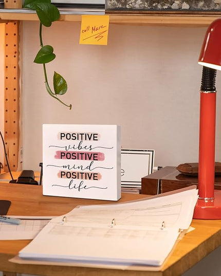 Home Office Desk Wooden Box Sign Decor, Positive Vibes Mind Life, Inspirational Quotes Desk Decor Motivational Desk Decorations for Women Girls Teens Student Office Classroom School - LeafyLoom