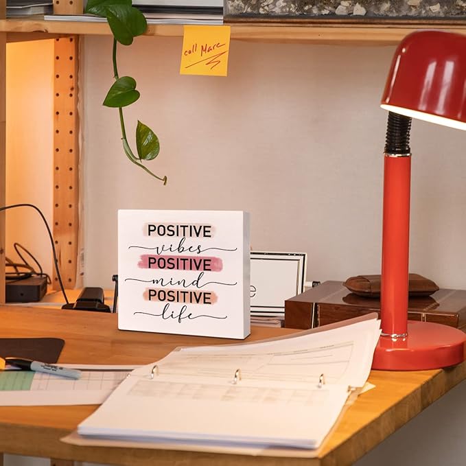 Home Office Desk Wooden Box Sign Decor, Positive Vibes Mind Life, Inspirational Quotes Desk Decor Motivational Desk Decorations for Women Girls Teens Student Office Classroom School - LeafyLoom