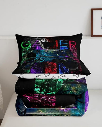 Gamer Bedding Sets for Boys, Gaming Down Comforter Queen Size, Gamer Room Decor Bedding Kids Video Games Comforter Set, Sugar Skull Gamepad Duvet Sets for Men Bedroom,with 2 Marble Pillow Sham - LeafyLoom