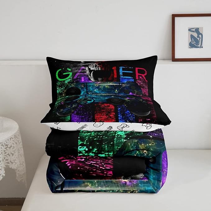 Gamer Bedding Sets for Boys, Gaming Down Comforter Twin Size, Gamer Room Decor Bedding Kids Video Games Comforter Set, Sugar Skull Gamepad Bed Duvet Sets for Men Bedroom,with 1 Marble Pillow Sham - LeafyLoom