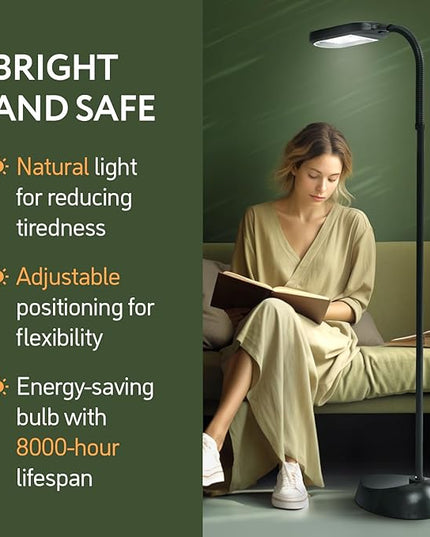 Natural Daylight Floor Lamp - Craft Light Floor Standing for Reading, Crafting, Sewing - 27W Full Spectrum White Bright Sunlight - Adjustable Gooseneck - Task Lamps for Living Room, Bedroom, Office - LeafyLoom