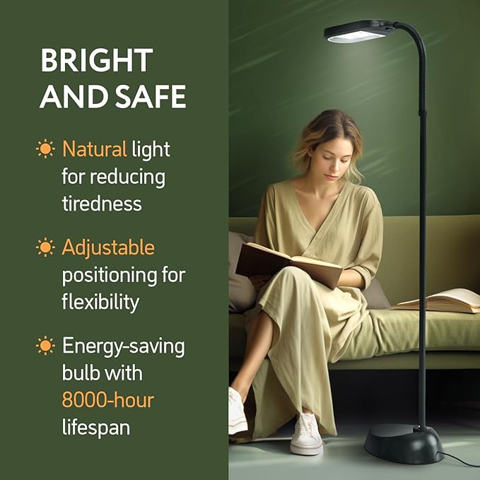 Natural Daylight Floor Lamp - Craft Light Floor Standing for Reading, Crafting, Sewing - 27W Full Spectrum White Bright Sunlight - Adjustable Gooseneck - Task Lamps for Living Room, Bedroom, Office - LeafyLoom