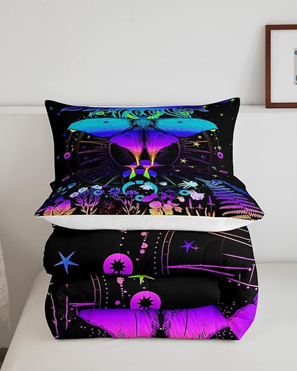 Erosebridal Moth Comforter Set King Hippie Psychedelic Sun and Moon Bedding Set,Purple Blue Ombre Galaxy Floral Botanical Comforter for Girls Teens Women Stars Planet Quilt Duvet 2 Pillowcases - LeafyLoom
