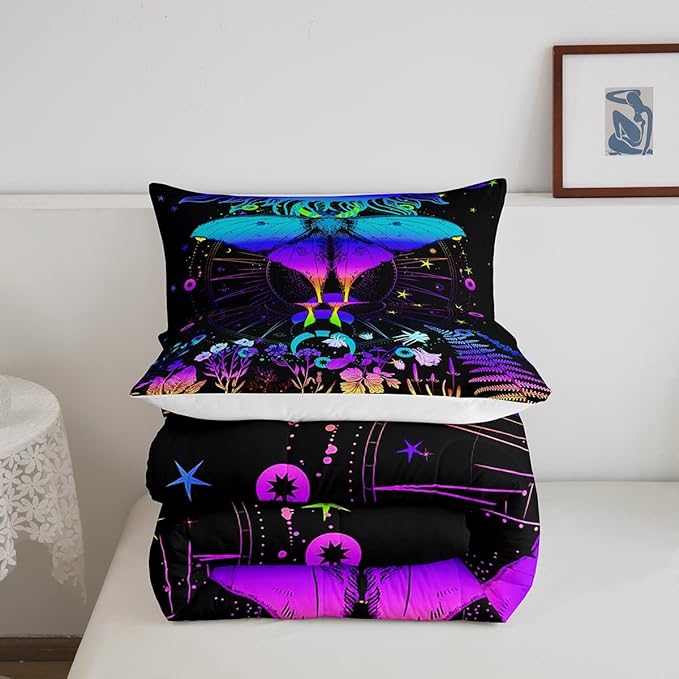Erosebridal Moth Comforter Set King Hippie Psychedelic Sun and Moon Bedding Set,Purple Blue Ombre Galaxy Floral Botanical Comforter for Girls Teens Women Stars Planet Quilt Duvet 2 Pillowcases - LeafyLoom