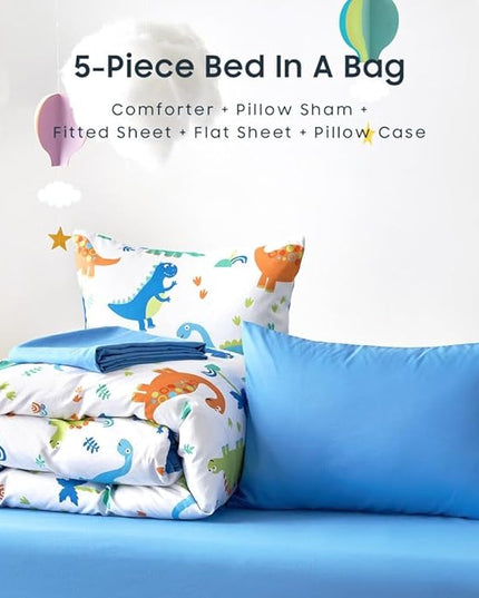 Wake In Cloud - Dinosaur Bedding Set for Boys, Cute Colorful Dinosaur Comforter Set with Sheets, 5 Pieces Kids Bed in a Bag, White Blue, Twin Size - LeafyLoom