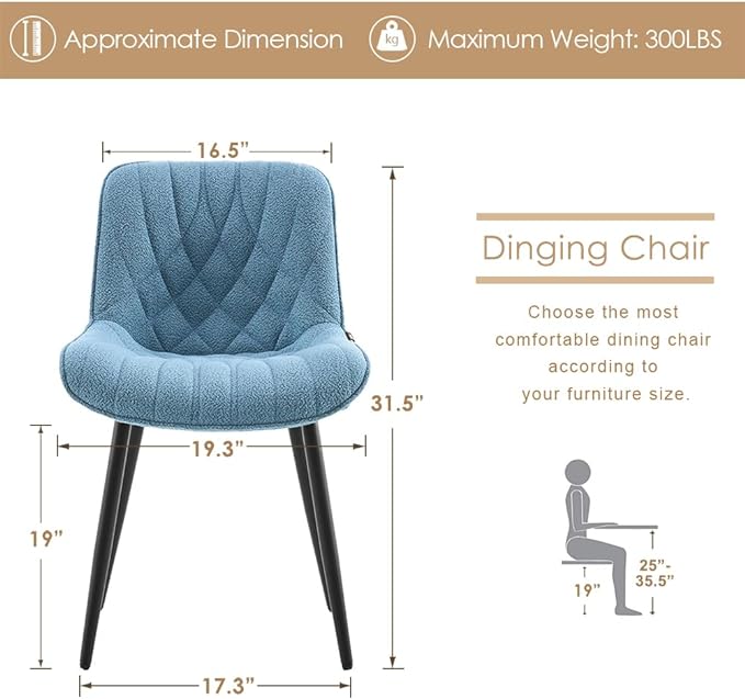 YOUNUOKE Comfortable Dining Chairs Set of 2, Mid-Century Modern Kitchen Dining Room Chairs, Upholstered Backrest Boucle Dining Chair with Black Metal, Sky Blue - LeafyLoom