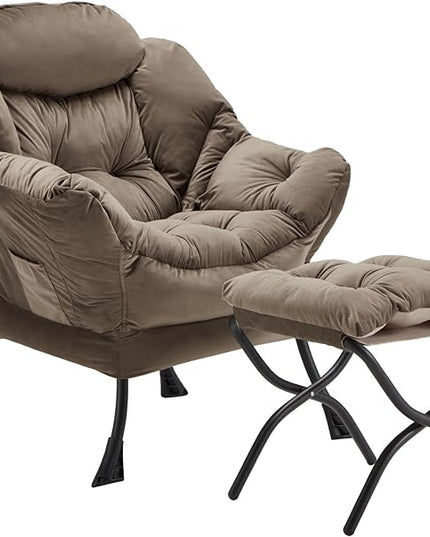 Lazy Chair with Folding Ottoman, Accent Chair Velvet Upholstered with Metal Structure and Non-Slip Pads, Sofa Armchair with Footrest and Side Storage Bag for Dorm, Room, Office, Dark Gray - LeafyLoom