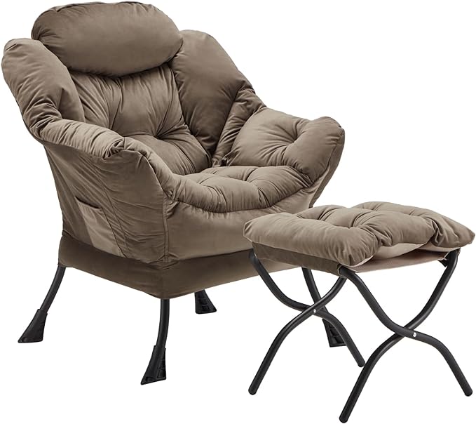 Lazy Chair with Folding Ottoman, Accent Chair Velvet Upholstered with Metal Structure and Non-Slip Pads, Sofa Armchair with Footrest and Side Storage Bag for Dorm, Room, Office, Dark Gray - LeafyLoom