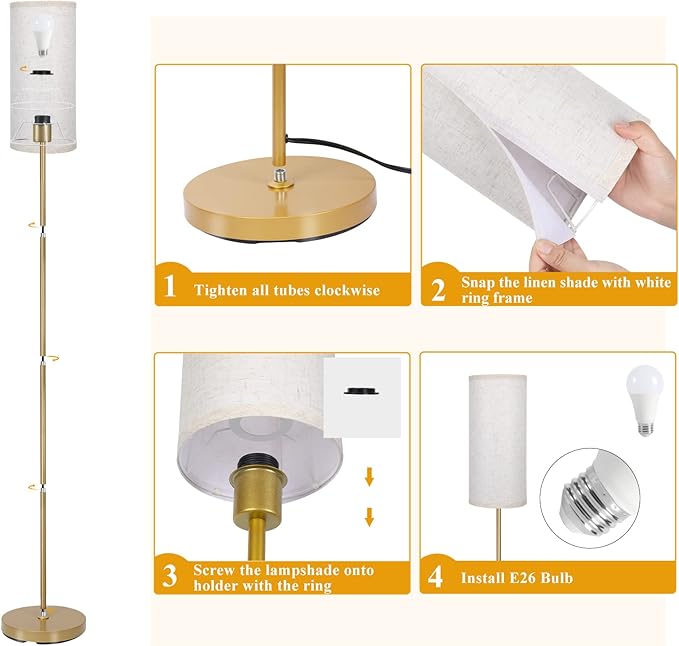 Boostarea Floor Lamp for Living Room with 3 Color Temperatures Bulb, Industrial Floor Lamps, Gold Classic Tall Lamp for Office, Standing Lamps for Bedroom, Kids Room, Reading(9W LED Bulb, Linen Shade) - LeafyLoom