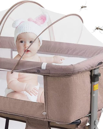 3in1 Bedside Crib for Girl or Boy, Bedside Sleeper for Baby Portable and Adjustable Crib with Mosquito net for Newborn Baby,Deep Khaki - LeafyLoom