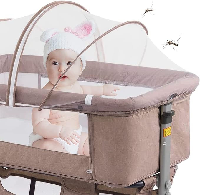 3in1 Bedside Crib for Girl or Boy, Bedside Sleeper for Baby Portable and Adjustable Crib with Mosquito net for Newborn Baby,Deep Khaki - LeafyLoom