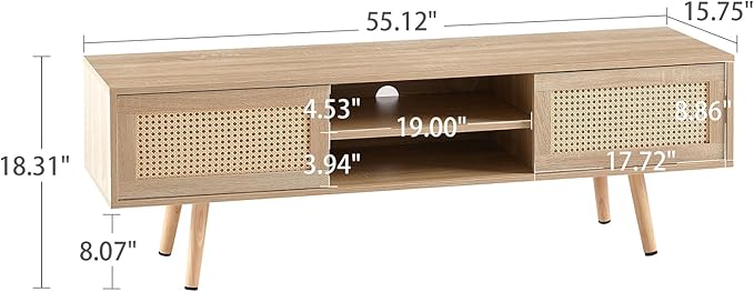 Brafab Boho TV Storage Media Console Table with Double Sliding Doors and Adjustable Shelf for Living Room, 55.12" L x 15.75" W x 18.31" H, Natural - LeafyLoom
