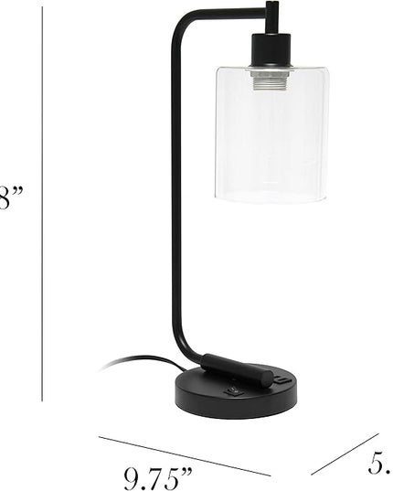 Simple Designs LD1066-BLK-LB Industrial Vintage Bronson Iron Lantern Desk Table Lamp with USB Port and Glass Cylinder Shade for Office, Living Room, Bedroom, Black, with Feit LED Bulb Included - LeafyLoom