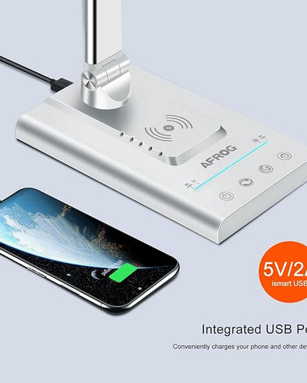 AFROG 5th Gen Multifunctional LED Desk Lamp with 10W Fast Wireless Charger, USB Charging Port,1800Lux Super Bright,5 Lighting Mode,7 Brightness, Touch Control, Auto Timer, 15W Office Table Lamp - LeafyLoom