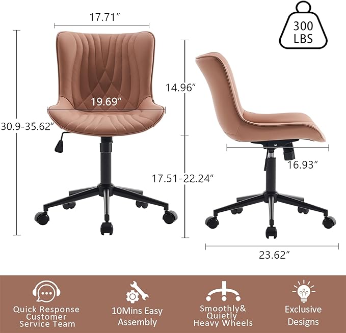 YOUTASTE Office Chair Pink Armless Desk Chair with Wheels, Modern Faux Leather Padded Computer Task Chair, Adjustable Swivel Rolling Sewing Vanity Chair with Ergonomic Rocking Back, Nude Pink - LeafyLoom