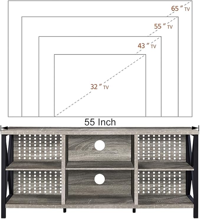 LVB Rustic Entertainment Center for 65 Inch TV, Industrial Wood TV Stand with Media Cabinet Storage, Farmhouse Metal Television Stands Console Table for Home Living Bedroom, Light Grey Oak, 55 Inch - LeafyLoom