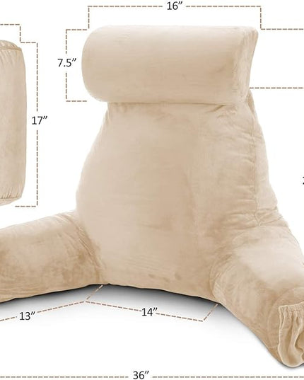 Nestl Reading Pillow with Portable Laptop Lap Desk, Velvet Feel Back Pillow for Sitting in Bed, Shredded Memory Foam Back Support Pillow for Bed, Bed Rest Pillow with Arms, Large - Cream - LeafyLoom