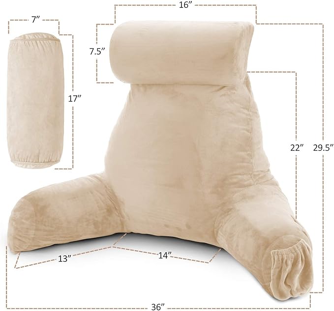 Nestl Reading Pillow with Portable Laptop Lap Desk, Velvet Feel Back Pillow for Sitting in Bed, Shredded Memory Foam Back Support Pillow for Bed, Bed Rest Pillow with Arms, Large - Cream - LeafyLoom