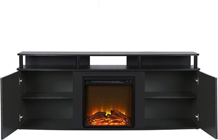 Ameriwood Home Carson Fireplace TV Stand for TVs up to 70 Inch, Replaceable Electric Fireplace Insert Heater, Realistic Log and Flame Effect, For Living Room or Bedroom, Black - LeafyLoom