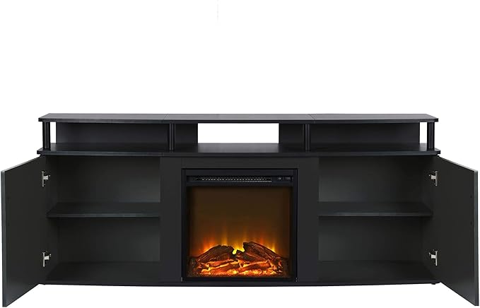 Ameriwood Home Carson Fireplace TV Stand for TVs up to 70 Inch, Replaceable Electric Fireplace Insert Heater, Realistic Log and Flame Effect, For Living Room or Bedroom, Black - LeafyLoom