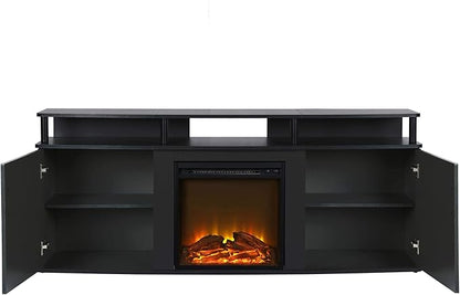 Ameriwood Home Carson Fireplace TV Stand for TVs up to 70 Inch, Replaceable Electric Fireplace Insert Heater, Realistic Log and Flame Effect, For Living Room or Bedroom, Black - LeafyLoom