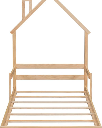 Bellemave Twin Size House-Shaped Headboard Floor Bed for Kids,Montessori Floor Bed with Handrails and Slats,Wood House Bed Twin for Girls,Boys(Twin,Natural) - LeafyLoom