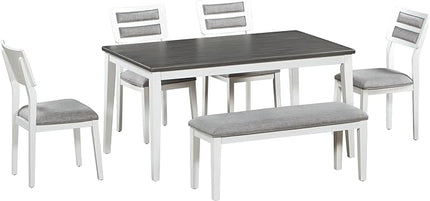 Classic and Traditional Style 6-Piece Dining Set, includes 1 Solid Wood Table, 4 Upholstered Chairs & Bench, for Diningroom, Living Room, Kitchen, Home Bar, Gray+White - LeafyLoom