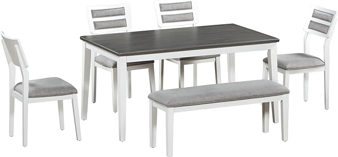 Classic and Traditional Style 6-Piece Dining Set, includes 1 Solid Wood Table, 4 Upholstered Chairs & Bench, for Diningroom, Living Room, Kitchen, Home Bar, Gray+White - LeafyLoom