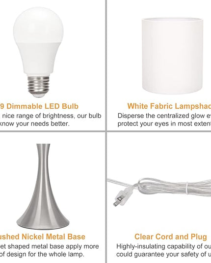 Touch Control Table Lamp, 3-Way Dimmable Bedside Lamp for Living Room, Modern Nightstand Lamp for Bedroom, Silver Table Lamp with White Shade, Desk Lamp for Dorm, Home, Office, 3000K LED Bulb Included - LeafyLoom