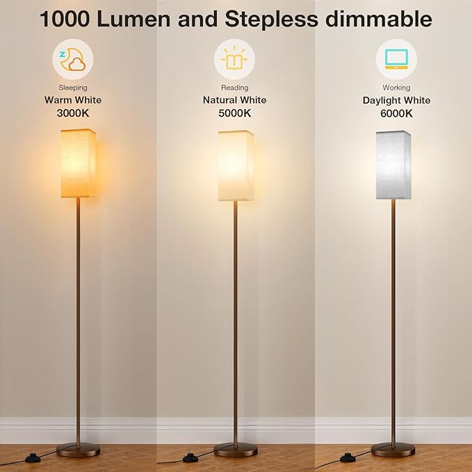 Ambimall Remote Control Floor Lamp, Stepless Dimmable, 64 Inches Tall, Include 9W Bulb, Standing Lamp for Living Room Bedroom Office (Beige & Brown) - LeafyLoom
