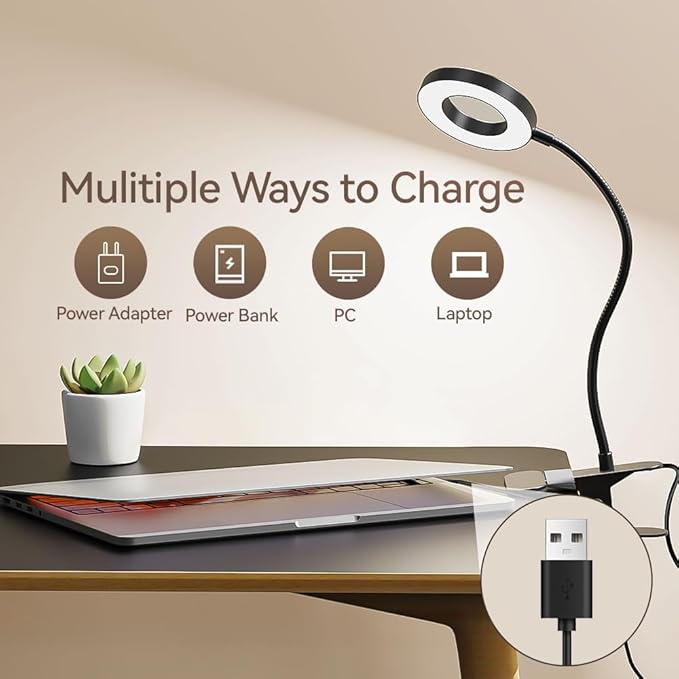 LED Desk Lamp Clip on Light with 3 Color Modes 10 Brightness Ring/Clamp Light 360° Flexible Gooseneck Dimmable Eye Protection Desk Light Desk Lamps for Home Office with Video Tutorials - LeafyLoom