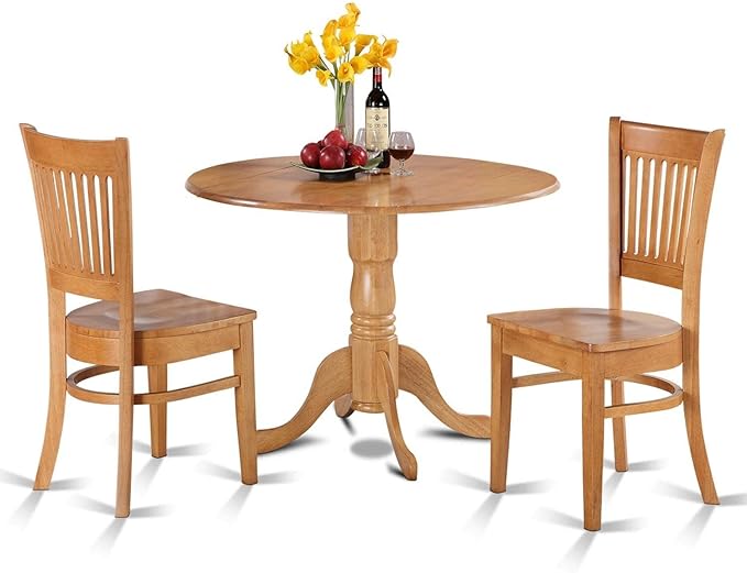 East West Furniture DLVA3-OAK-W Dublin 3 Piece Set for Small Spaces Contains a Round Dining Room Table with Dropleaf and 2 Wooden Seat Chairs, 42x42 Inch - LeafyLoom