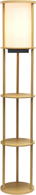 Simple Designs LF2010-TAN 62.5" Round Modern Shelf Etagere Organizer Storage Floor Lamp with 2 USB Charging Ports, 1 Charging Outlet and Linen Shade for Living Room Bedroom Office, Tan - LeafyLoom