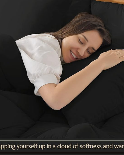 WhatsBedding Black Queen Comforter Set, Lightweight All Season Soft Down Alternative Bed Comforter, 3 Pieces Bedding Set with 2 Pillowcases, Queen Size, 88"x90" - LeafyLoom