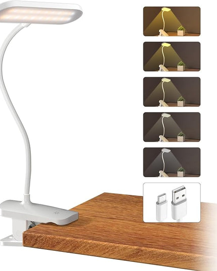 CUHIOY Desk Lamp with Clamp, Portable Cordless Rechargeable Clip on Reading Light, Eye-Caring LED Kid's Bunk Bed Light, 5 Colors 5 Brightness Flexible Neck Architect Lamp for Studying Crafting (White) - LeafyLoom