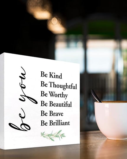 Be You Be Kind Be Thoughtful Wood Block Sign Desk Decor,Rustic Motivational Wooden Box Plaque Sign Desk Decor for Home Girls Bedroom Office Dorm Shelf Table Decor Decorations - LeafyLoom