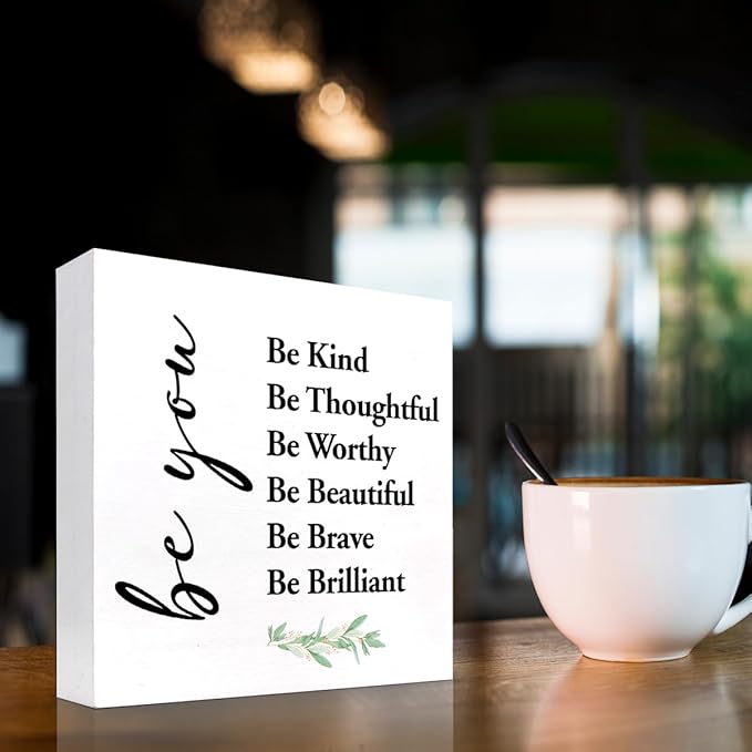 Be You Be Kind Be Thoughtful Wood Block Sign Desk Decor,Rustic Motivational Wooden Box Plaque Sign Desk Decor for Home Girls Bedroom Office Dorm Shelf Table Decor Decorations - LeafyLoom