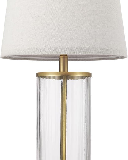 Globe Electric 61000063 20" Fillable Ribbed Glass Table Lamp, Matte Brass Accents, Beige Linen Shade, On/Off Rotary Switch on Socket, for Living Room, Bedroom, Office, Home Décor - LeafyLoom