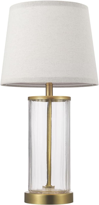 Globe Electric 61000063 20" Fillable Ribbed Glass Table Lamp, Matte Brass Accents, Beige Linen Shade, On/Off Rotary Switch on Socket, for Living Room, Bedroom, Office, Home Décor - LeafyLoom