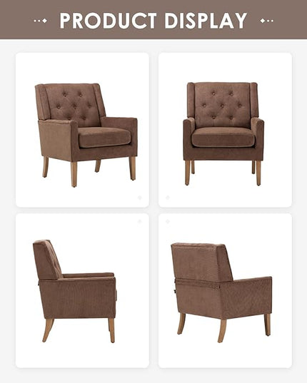 COLAMY Mid-Century Accent Chairs, Modern Wingback Living Room Chair, Upholstered Armchair with Button Tufted Back and Wood Legs for Bedroom/Office/Reading Spaces, Brown - LeafyLoom
