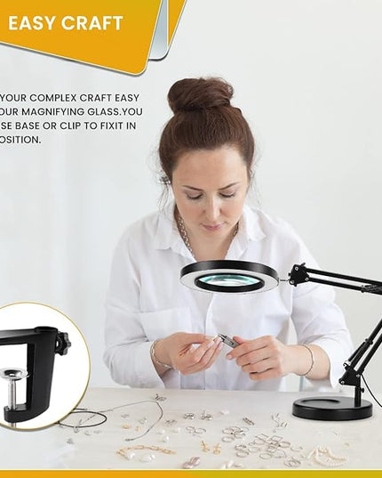Magnifying Glass with Light and Stand - 2-in-1 Stepless Dimmable LED Magnifying Desk Lamp with Clamp - 3 Color Modes Lighted Magnifier Lens Swivel Arm Light for Reading, Craft, Close Works - LeafyLoom