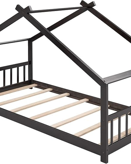 Montessori Floor Bed Frame Twin Size, Twin Floor Bed Frame with Headboard, Footboard and Slats, Wood Montessori Bed Frame/Montessori House Bed for Kids, Girls, Boys(Espresso) - LeafyLoom