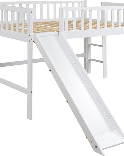 Merax Full Size Junior Wood Loft Bed with Slide Loft Bunk Bed for Girls Boys,Easy Assemble,White - LeafyLoom